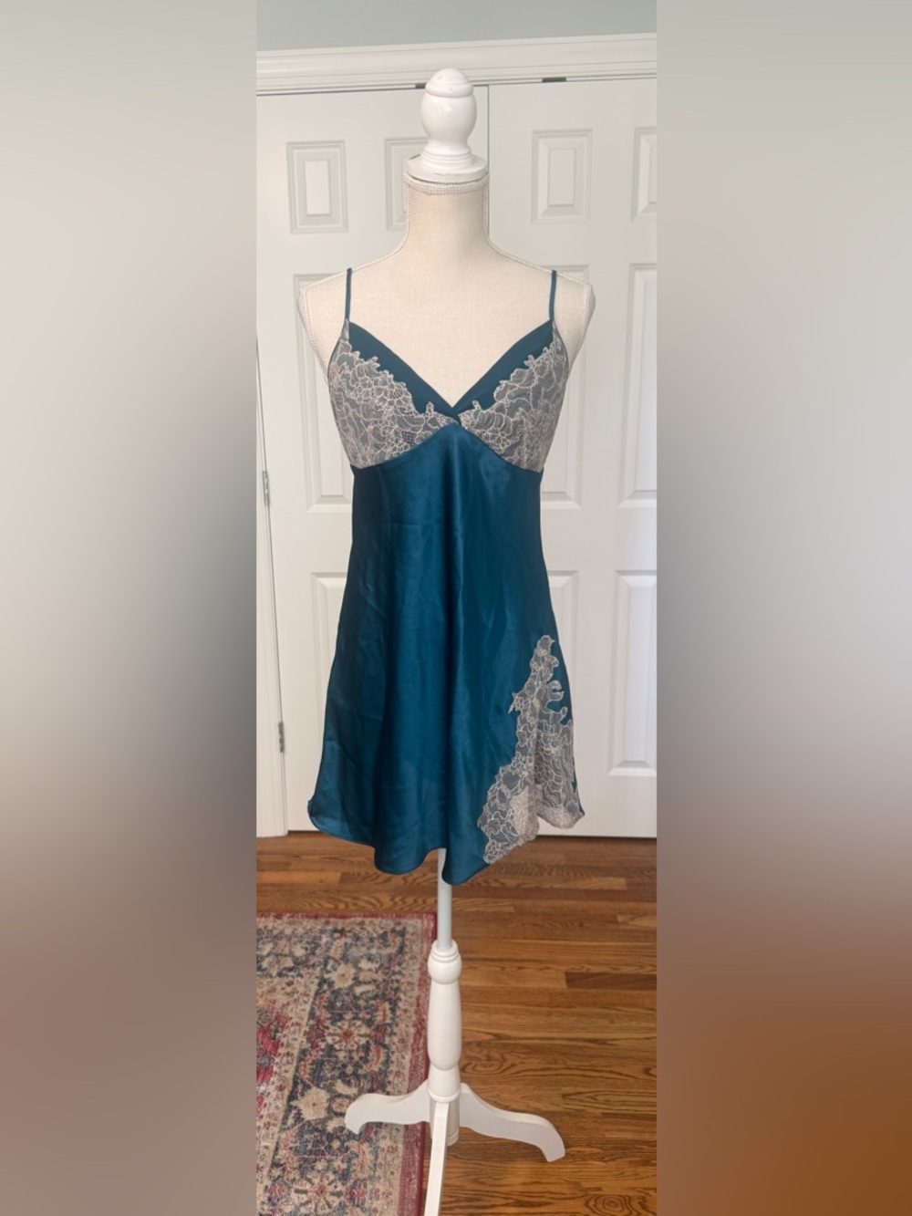 Oscar De La Renta Pink Label Y2K Teal Slip Dress w/ Lace Sz S